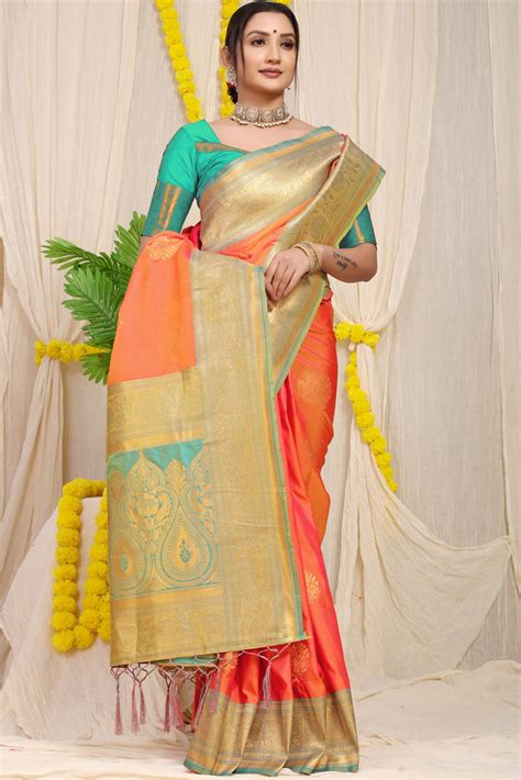 Appealing Peach Banarasi Silk Saree With Forbearance Blouse Piece ...