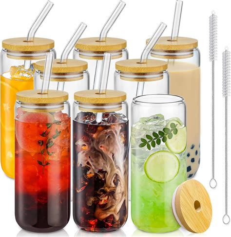 Amazon.com: SENTVEND 20 Oz Drinking Glasses with Bamboo Lids and Glass ...