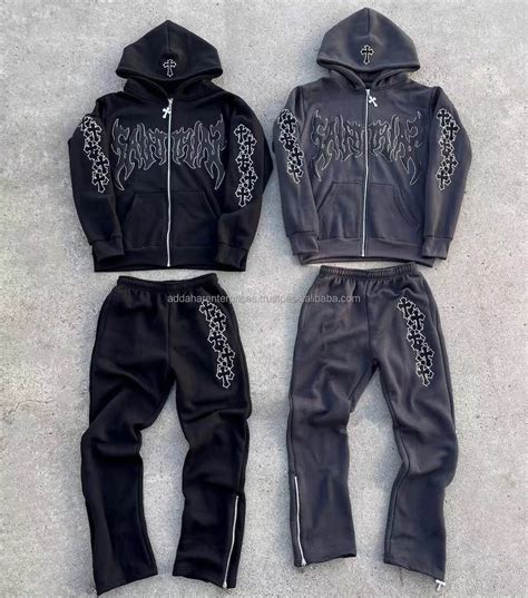 Men's Flared Sweatpants & Hoodie Set - Unisex Tracksuit with Rhinestone ...