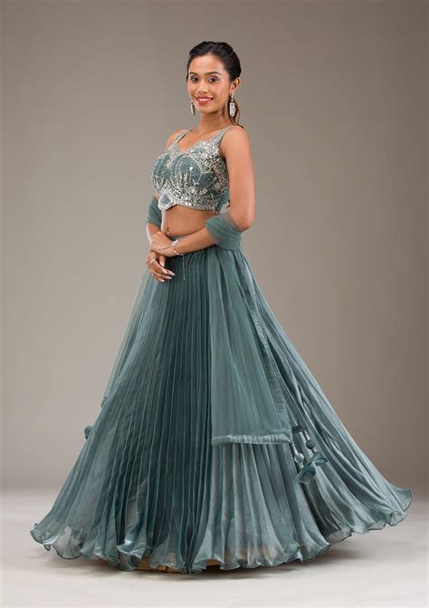 Buy Sea Green Stonework Satin Readymade Lehenga - Koskii