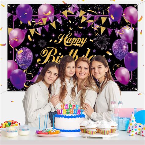 Buy Purple Happy Birthday Backdrop, Purple Black Gold Birthday Party ...