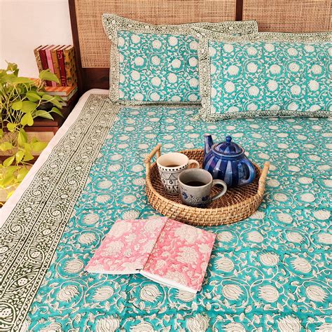 BLUE LOTUS - Pure Cotton Hand Block Printed Jaipuri Bedsheet – Sanskruti