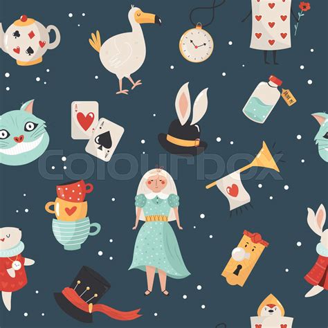 Seamless pattern with symbols from Alice in Wonderland | Stock vector ...