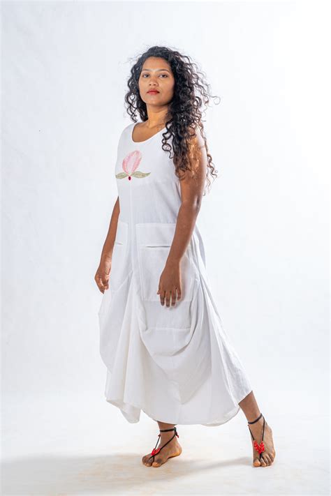 White Lotus Embroidered Hand Spun Khadi Dress – Upasana Design Studio