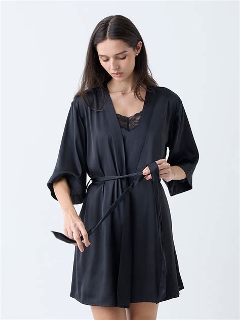 Buy Wunderlove Black Solid Satin Robe with Belt from Westside