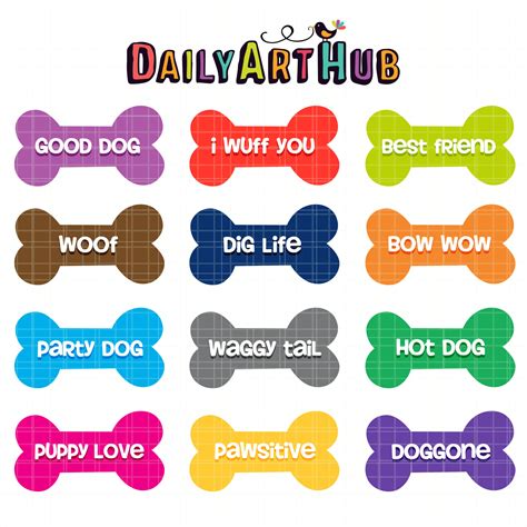 A vibrant collection of clipart featuring dog bones with playful ...