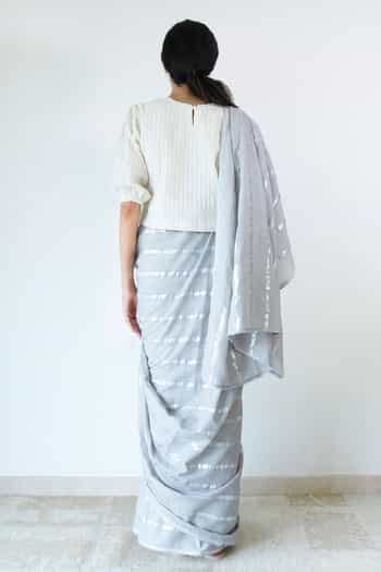 Buy Grey Cotton Zari Vertical Stripe Pattern Saree For Women by Merakus ...