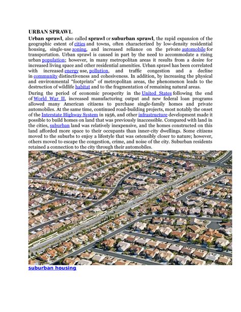 Urban sprawl - URBAN SPRAWL Urban sprawl, also called sprawl or suburban sprawl, the rapid ...