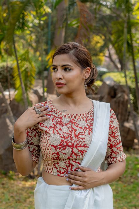 Red bagru jaali handblock print cotton blouse with booti on sleeves ...
