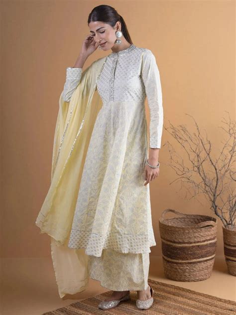 Buy Yellow Printed Cotton A-Line Kurta With Palazzos & Dupatta Online ...