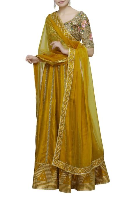 Buy Yellow Raw Silk Embroidered Lehenga Set For Girls by Neha Khullar ...