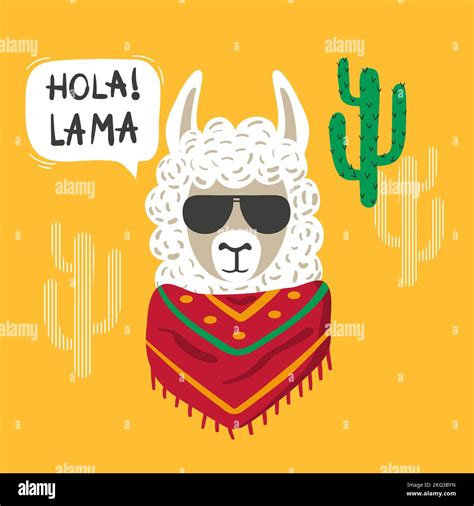 Cute cartoon llama with lettering Hola (Hello in Spanish). Vector ...