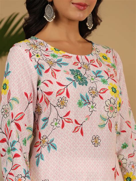 Juniper Pink Floral Kurta & Pant Set - Embellished with Beads & Sequins