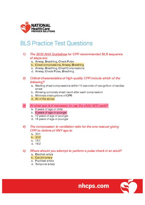 291594818 BLS Practice Test Questions - 1) The 2010 AHA Guidelines for ...