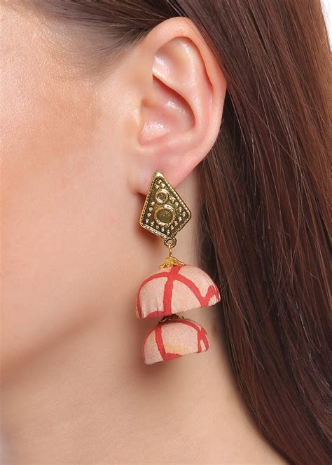 Get Cream & Red Checkered Double Layered Jhumkas at ₹ 375 | LBB Shop