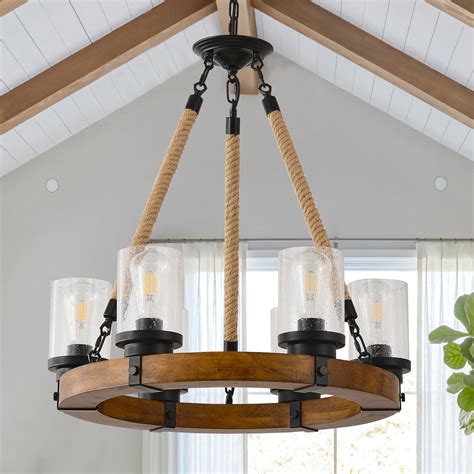 Rustic Wagon Wheel Chandelier with Seeded Glass Shades, 6 Lights ...