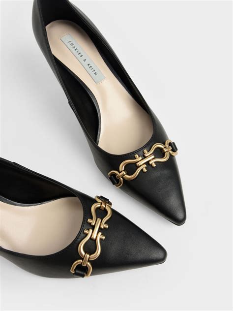 Black Chain Link Pointed Toe Pumps - CHARLES & KEITH IN