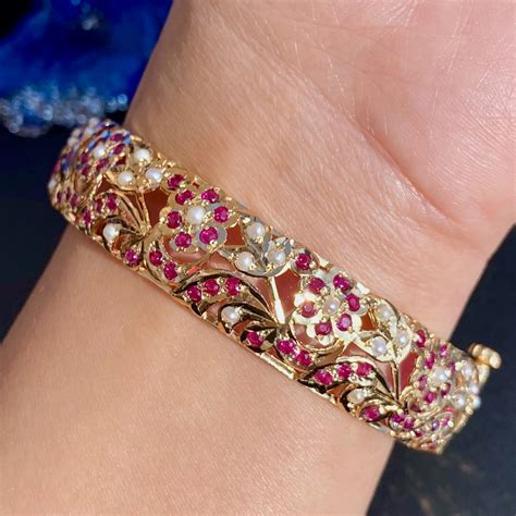 Womens Jadau Bangle | Ruby Pearl Combination | Gold Plated on Silver B
