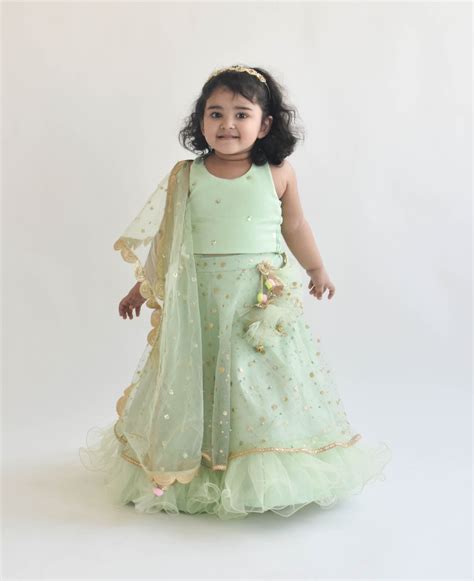 Pre Order: Green Top and Glitrer Net Lehenga and Dupatta– Peonyy Kids