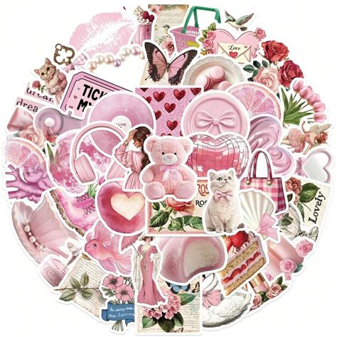 50 Peças Adesivos Estéticos, Adesivos Fofos Rosa, Adesivos Kawaii Rosa ...