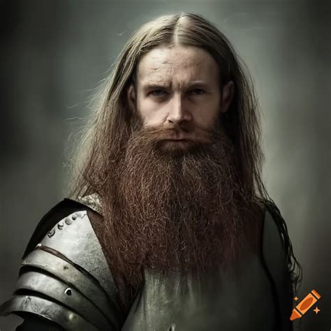 Portrait of a 25-year-old man with even face, long hair, and beard in ...