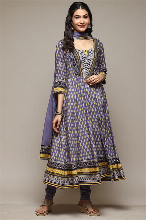 Blue Rayon Anarkali Kurta Churidar Suit Set