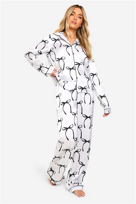 Bow Print Satin Button Through Shirt & Trouser Pyjama Set | boohoo AU