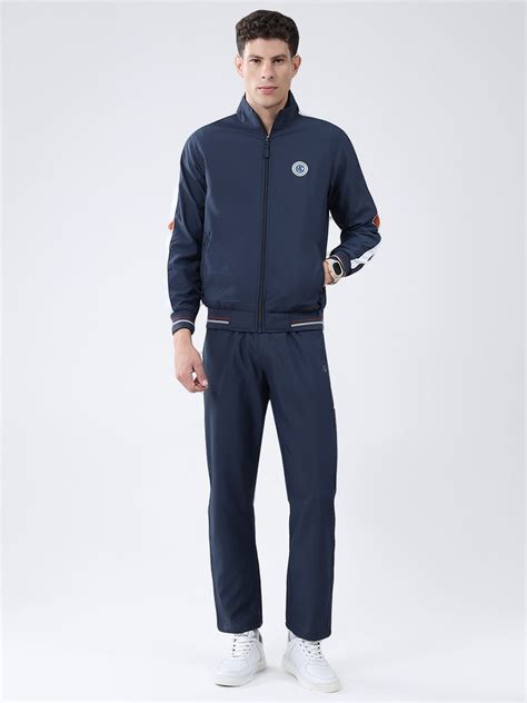 Buy Men Navy Blue Solid Mock Neck Full Sleeve Winter Tracksuit Online ...