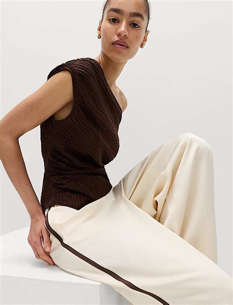 Buy Plisse Asymmetric Neck Bardot Top at Marks & Spencer