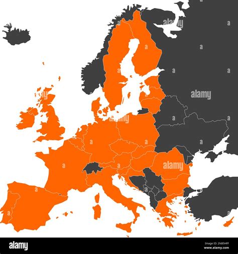 Grey map of Europe with orange highlighted 28 EU member states. Vector illustration. Simplified ...