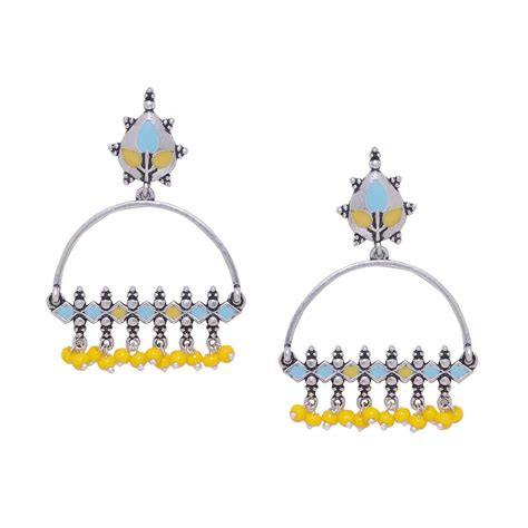 Voylla Brass Silver Oxidised Multicolor Enamel Embellished Dangler ...