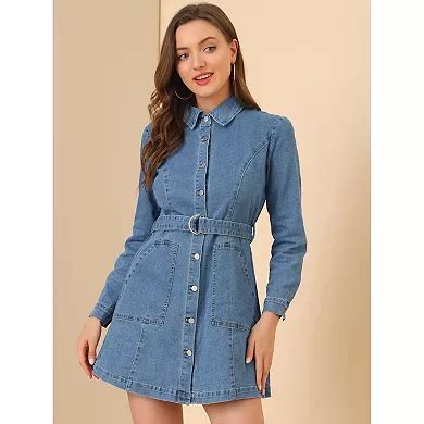 Women's Turn Down Collar Puffy Long Sleeves Belted Denim Shirt Dress