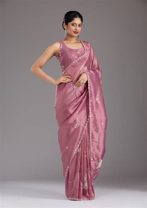 Buy Onion Pink Aariwork Tissue Saree - Koskii