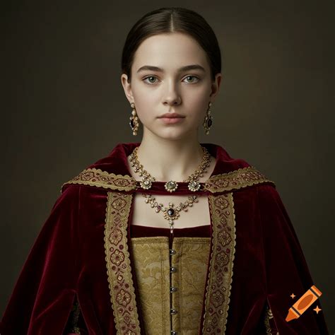 16th century portrait of a 15-year-old girl in a red velvet gown with ...