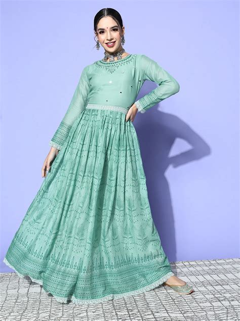 Buy SheWill Women Alluring Turquoise Blue Ethnic Motifs Volume Control Dress - Ethnic Dresses ...