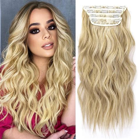 Amazon.com : Blonde Hair Extensions Long Wavy 20 Inch 4pcs Clip in ...
