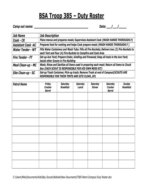 BSA Troop 385 Duty Roster - Blank Fillable Template | Fill Out, Print ...