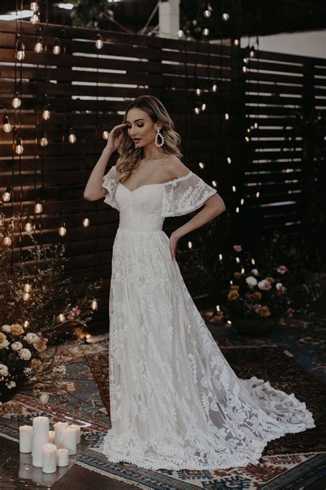 Off the Shoulder A Line Wedding Dress | Boho wedding dress, Wedding dresses lace, November ...