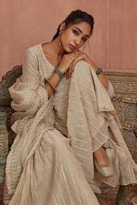 Buy Ivory Chanderi, Organza Embroidery Split V-neck Thread Kurta ...