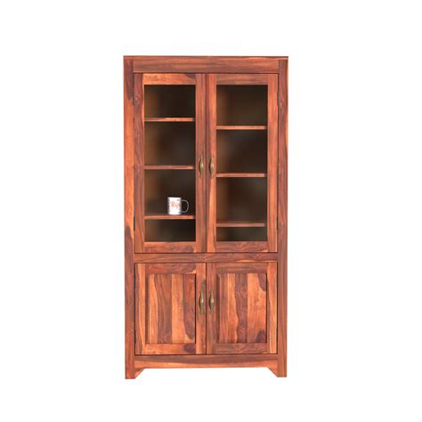 Wooden Display Cabinet with Glass and Wood Doors, 4 Doors Storage Unit