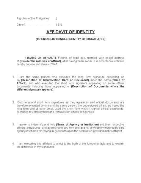 Affidavit of identity - None - Republic of the Philippines ) City of ...