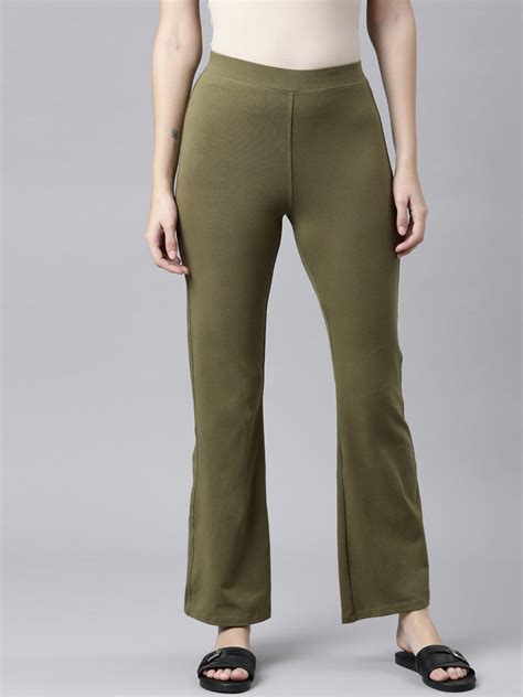 Women Solid Olive Green High Rise Flare Pants