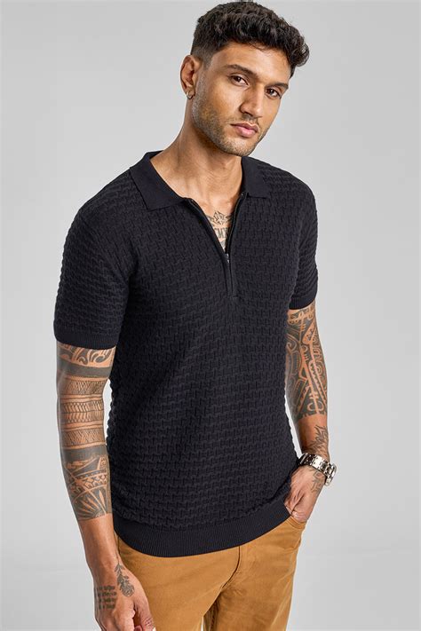 Buy Men's Black Zipper Knitted Polo T-Shirt Online | Snitch – SNITCH