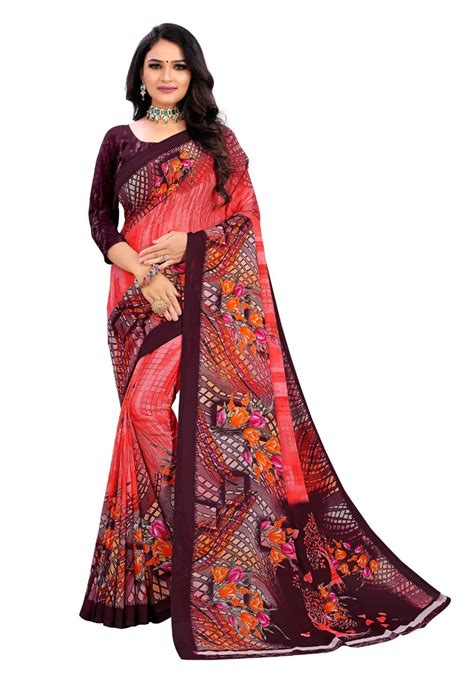 Buy Abhilasha Synthetic Sarees for Women, Flower Print Sari with Blouse ...