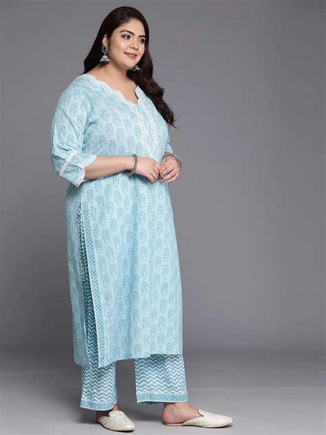 Buy Plus Size Blue Embroidered Cotton Straight Kurta With Trousers ...