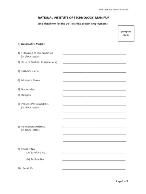 Fillable Online nitmanipur ac Bio-data form for the DST-INSPIRE project ...