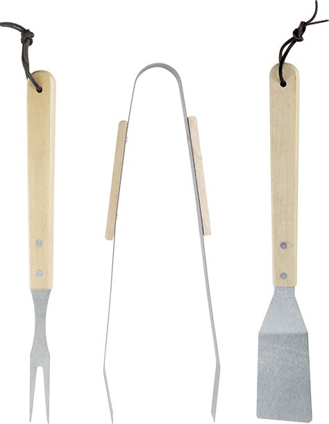 Set de 3 Utensilios para Barbacoa de Acero y Madera - Espátula, Pinzas ...