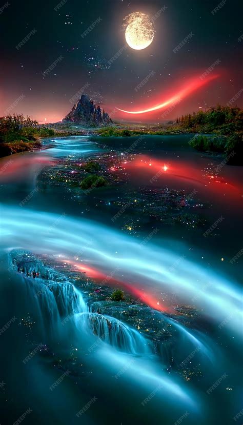 Premium AI Image | A river in the sky with a waterfall and the moon