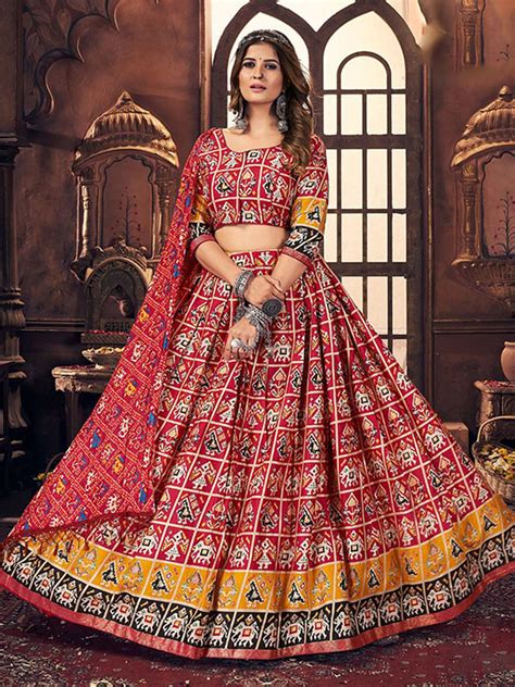 Tango-Red Cotton Multicolor Satin Digital Print Navratri Lehenga Choli ...