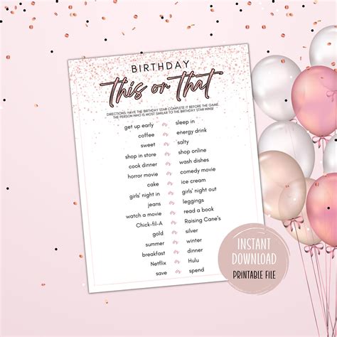 Birthday Games Printable This or That Birthday Game Party Sweet 16 21st ...